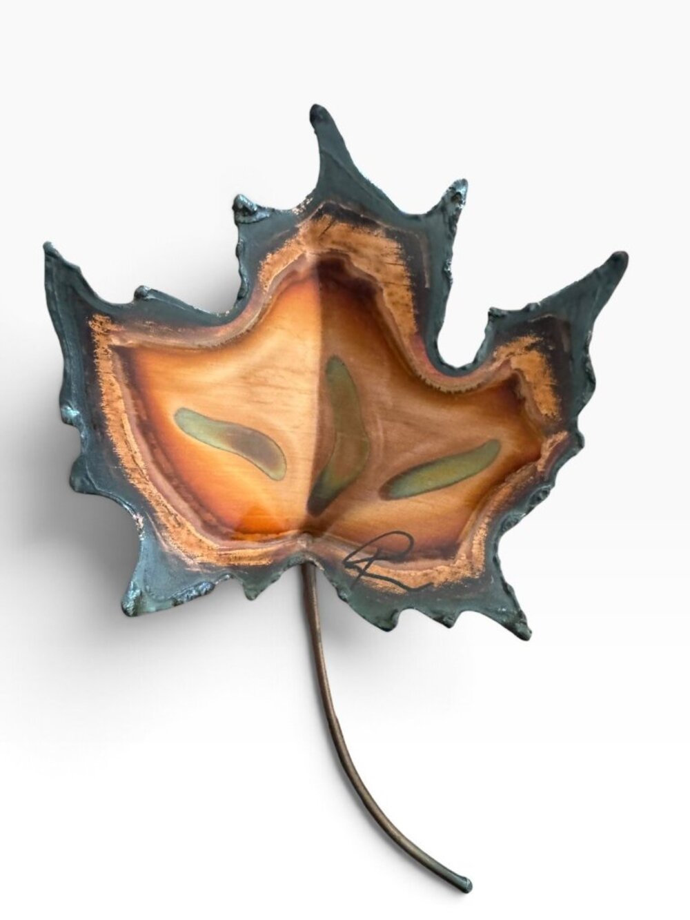 Vintage Handmade Enamel Copper Maple Leaf Art Sculpture Signed 1967